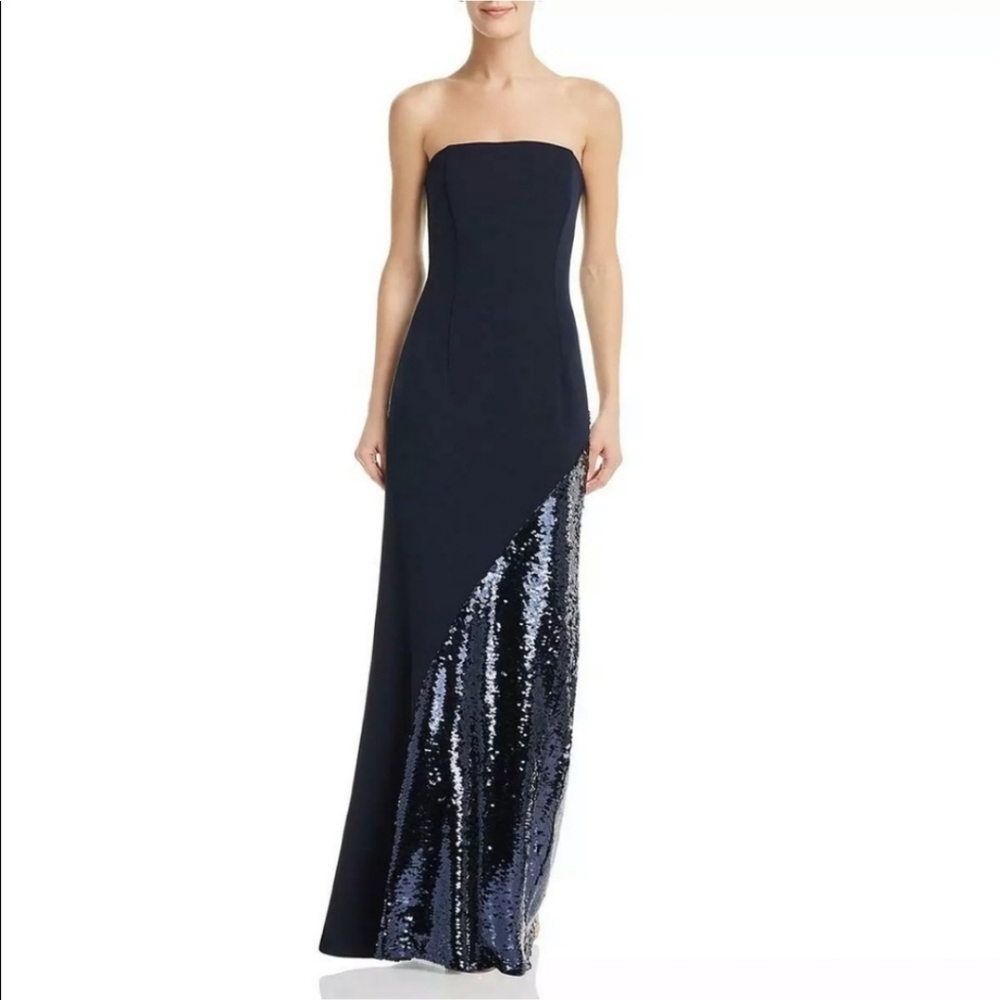 NWT Eliza J navy blue sequin embellished strapless gown, Size 2